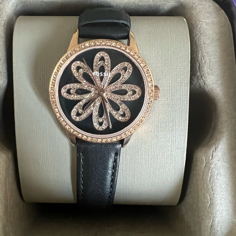 Fossil Three Hand Black Glitz Flower Face Watch